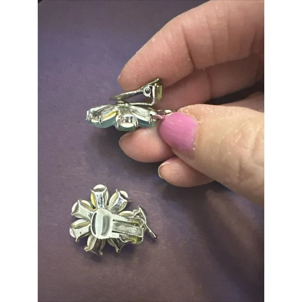 KRAMER Vintage Blue/AB Rhinestone Flower Clip On Earrings Signed